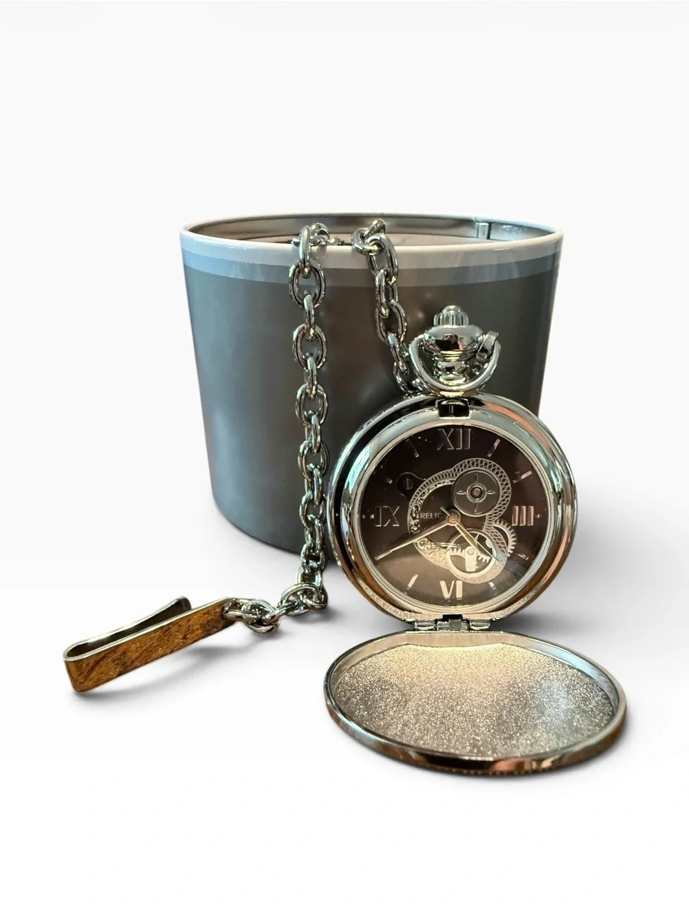 Relic by Fossil Men's Silver Skeleton Dial Pocket Watch with Chain & Tin